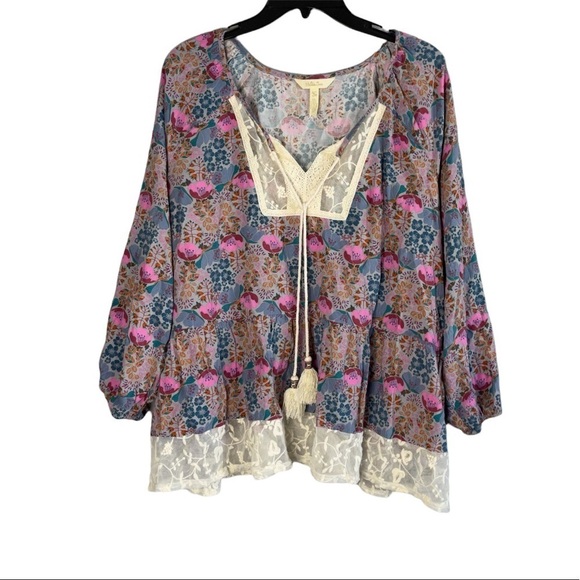Matilda Jane Tops - Matilda Jane Blue Pink Floral Lace Trim Tassel Neckline Top Size XL